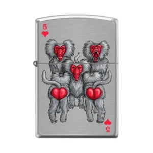 Zippo Lighter - Monkeys 5 of Hearts Brushed Chrome